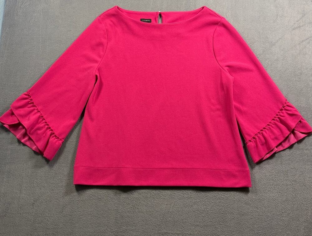 Talbots Hot Pink Boat Neck 3/4 Ruffle Bell Sleeve Keyhole Back Blouse Top XL